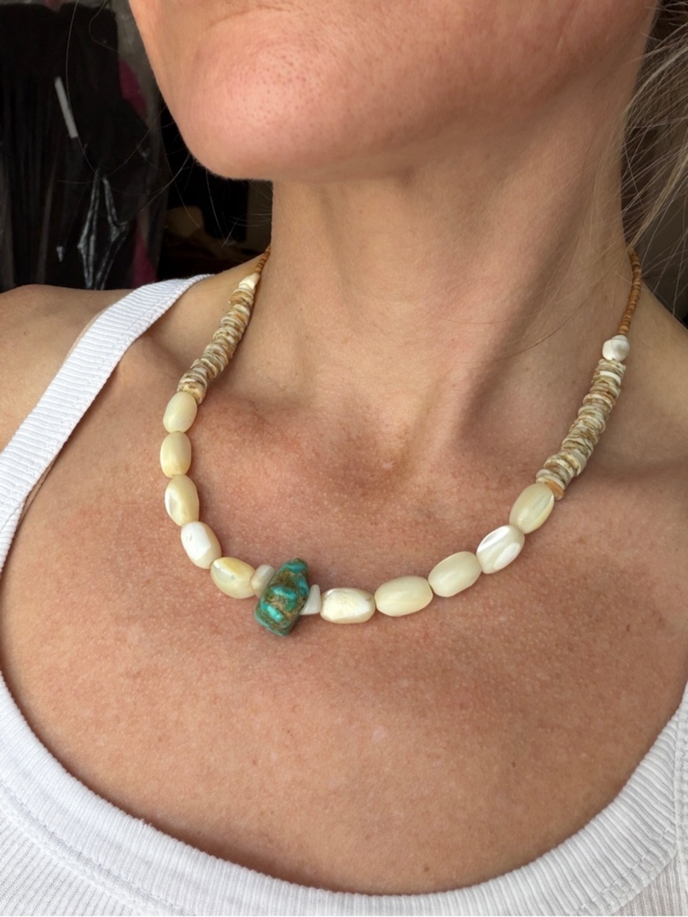 Vintage Handmade puka shellCream Bead Necklace with Turquoise Accent